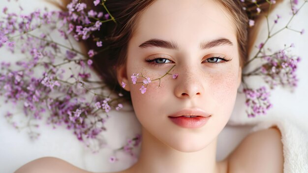 Spokojna piękność Młoda kobieta leżąca wśród delikatnych fioletowych kwiatów