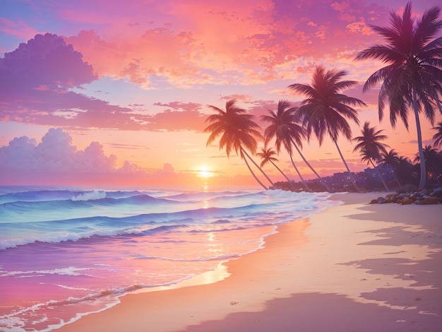 spokojna plaża o zachodzie słońca z falami delikatnie uderzającymi w brzeg palmami kołyszącymi się na wietrze