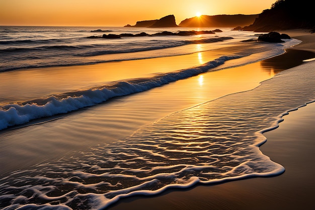 Spokojna plaża przy wschodzie słońca z złotym światłem słonecznym odbijającym się od spokojnych fal
