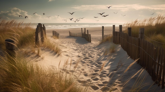 Spokojna plaża z mewami z wdziękiem unoszącymi się nad drewnianymi płotami Obraz generatywnej sztucznej inteligencji