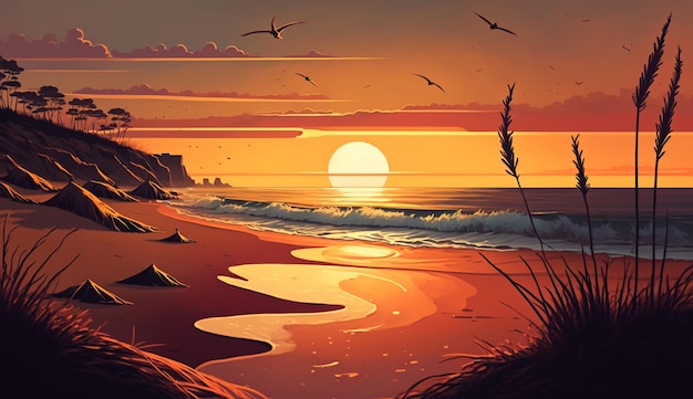 Spokojna plaża z niebem wschodu i zachodu słońca ze skałami na horyzoncie Romantyczny tło