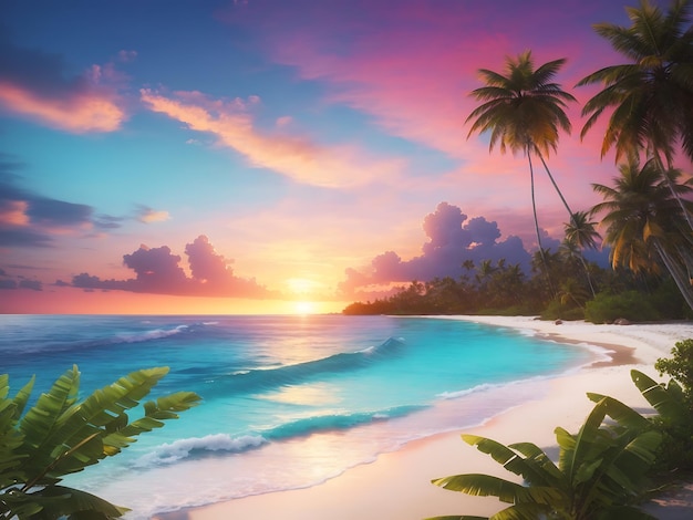 Spokojna plaża z palmami, krystalicznie czystą wodą i kolorowym zachodem słońca