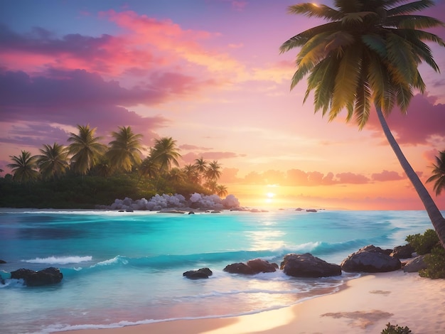 Spokojna plaża z palmami, krystalicznie czystą wodą i kolorowym zachodem słońca