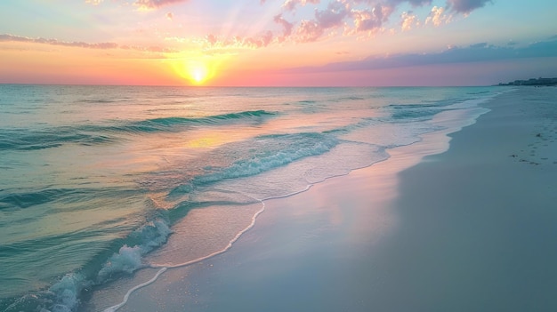 Spokojna plaża z złotym piaskiem, azurową wodą i pastelowym niebem o zachodzie słońca