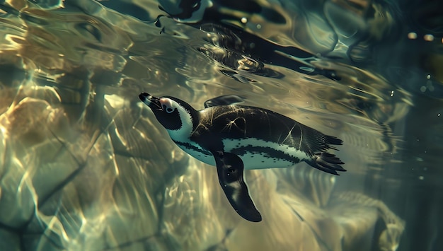 Spokojna podwodna scena z pingwinem płynącym wdzięcznie życie wodne uchwycone w jego naturalnym środowisku spokojne i hipnotyzujące zdjęcia dzikiej przyrody AI