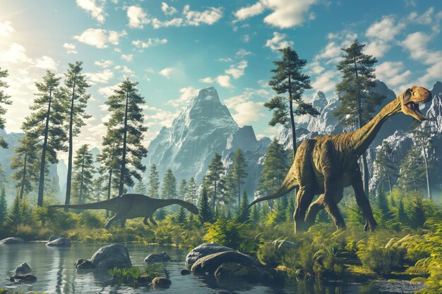 Spokojna prehistoryczna scena z dinozaurami wędrującymi po wodzie otoczonymi bujną zielenią i górami