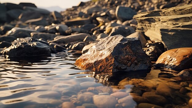 Spokojna prostota Fotorealistyczne śledzenie Vray skał i wody na brzegu