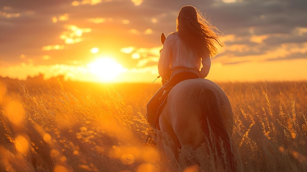 Spokojna przejażdżka o zachodzie słońca, samotny jeździec wygrzewający się w złotym świetle, uciekający w zachód słońca na koniu AI