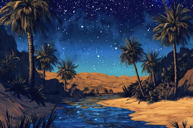 Spokojna pustynna oaza z palmami w nocy pod gwiezdnym niebem.