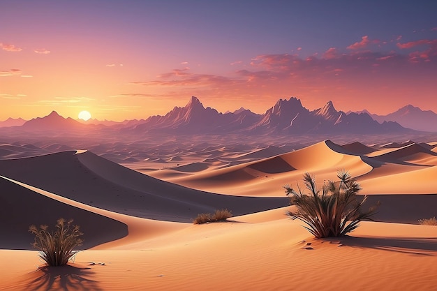 Spokojna pustynna sceneria przy zachodzie słońca Generatywna sztuczna inteligencja