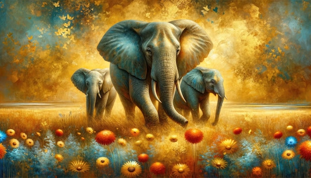 Spokojna rodzina słoni wędruje przez złotą sawannę z żywymi czerwonymi i żółtymi liśćmi, tworząc atmosferę spokoju i piękna