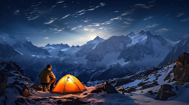 Spokojna samotność na dużej wysokości, biwak, odbicie alpinisty z kolorowym namiotem.