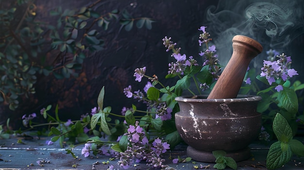 Spokojna scena aptekarza ziołowego z moździerzem i tłokiem pośród fioletowych kwiatów i zieleni.