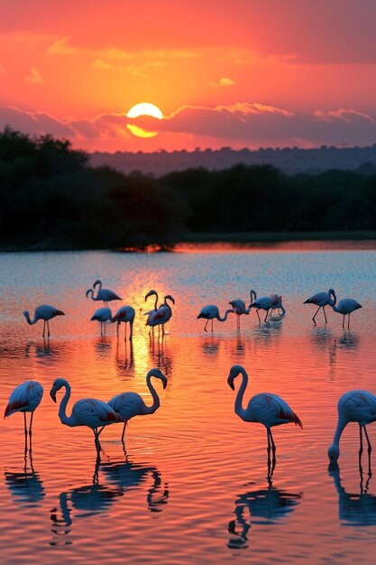 Spokojna scena flamingów wędrujących po spokojnym jeziorze