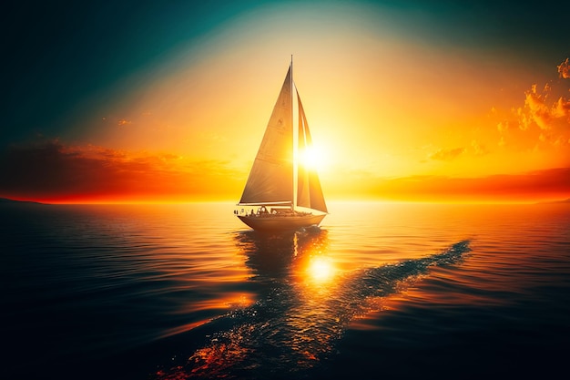 Spokojna scena jachtu pływającego po otwartym oceanie, gdy wschodzi słońce, tworząc ciszę i spokój