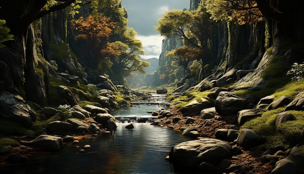 Spokojna scena jesienny las odzwierciedla piękno w naturze tajemnicę generowaną przez sztuczną inteligencję