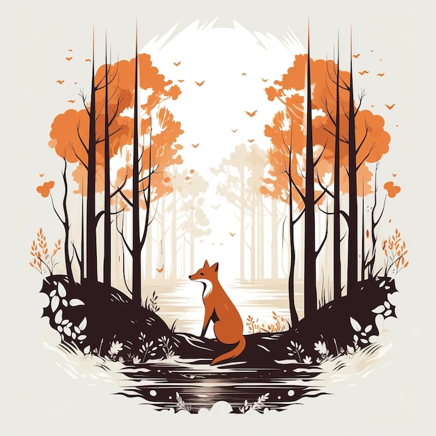 Zdjęcie spokojna scena leśna z ukrytym lisem między drzewami