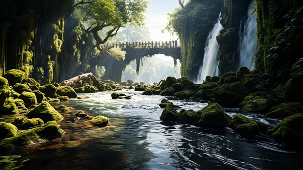 Spokojna scena majestatycznego wodospadu w lesie