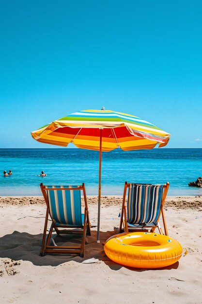 Spokojna scena na plaży z różowymi drewnianymi krzesłami z parasolami