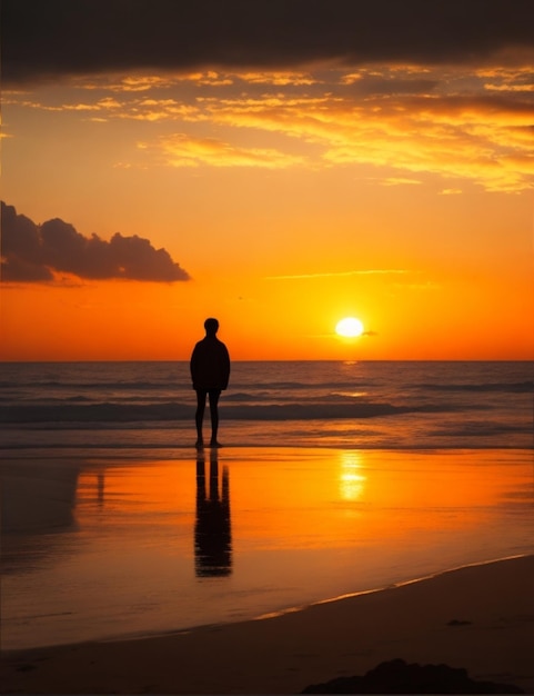 Spokojna scena na plaży z samotną postacią stojącą na brzegu obserwującą zachód słońca