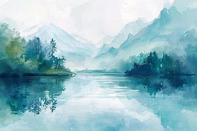 Spokojna scena nad jeziorem z mglistymi górami i bujną zielenią