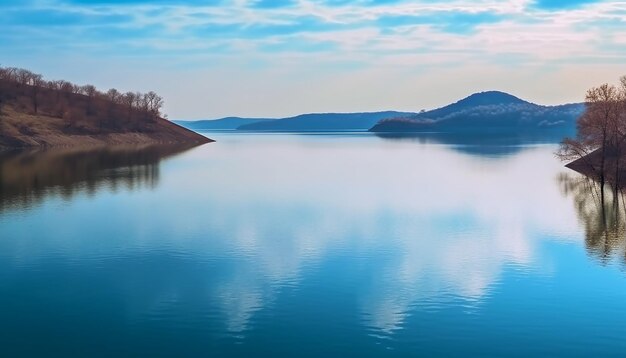 Zdjęcie spokojna scena niebieskiej wody odzwierciedla górski krajobraz wygenerowany przez sztuczną inteligencję