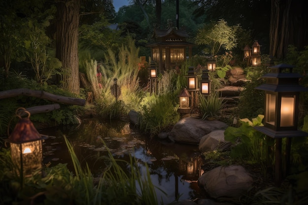 Spokojna scena ogrodowa z lampionami wodnymi i łagodną muzyką