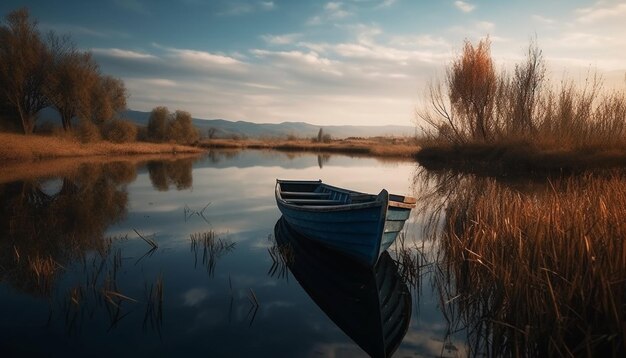 Zdjęcie spokojna scena opuszczonej łodzi wiosłowej na spokojnym stawie wygenerowanym przez sztuczną inteligencję