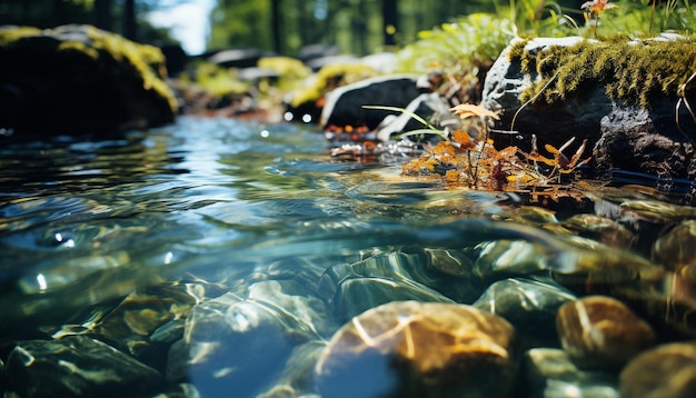 Zdjęcie spokojna scena, płynąca woda, zielony las i kolorowe jesienne liście generowane przez sztuczną inteligencję.
