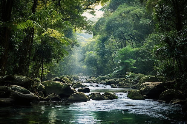 Spokojna scena płynącej wody w tropikalnym raju lasów deszczowych