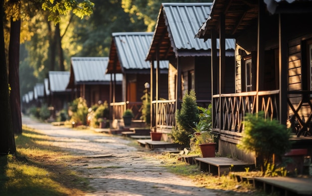 Spokojna scena rzędu drewnianych domków ustawionych obok siebie w spokojnym otoczeniu