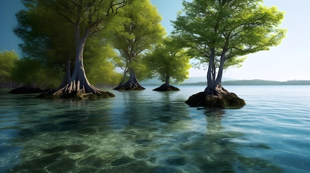 Spokojna scena Spokojny i spokojny krajobraz przyrody z drzewami pośrodku błękitnego morza czysta przezroczysta turkusowa woda