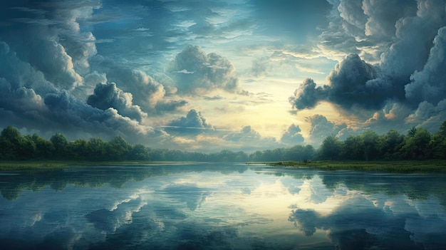 Spokojna scena stawu odbijającego chmury na niebie Spokojne, odblaskowe wody Niebiańskie połączenie harmonia natury spokojny widok Wygenerowane przez AI