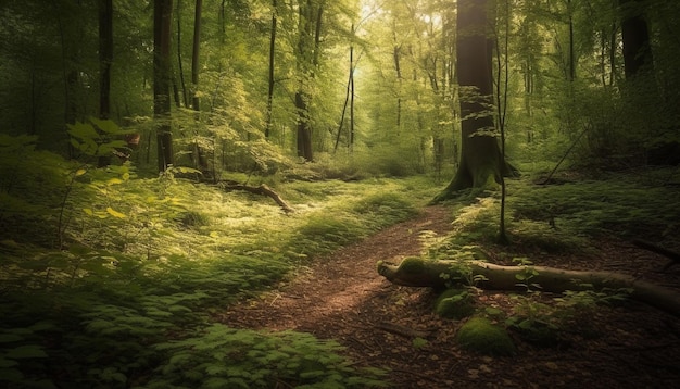 Spokojna scena tętniącego życiem zielonego lasu, generowana przez sztuczną inteligencję