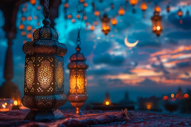 Spokojna scena uchwycająca istotę nocy Ramadanu, gdzie elegancka latarnia kąpa się w okolicy