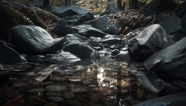 Spokojna scena wody i skał w przyrodzie generowana przez sztuczną inteligencję