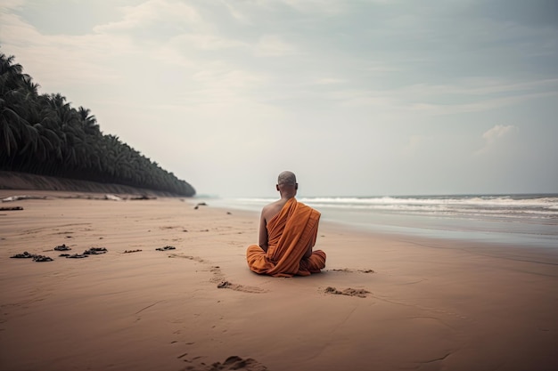 Spokojna scena z mnichem w pozycji lotosu medytującym na spokojnej plaży