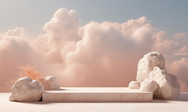 Spokojna scena z pustym podium do wystawienia lub wystawienia produktu z miękkim niebem, puszystymi chmurami i akcentami przyrody