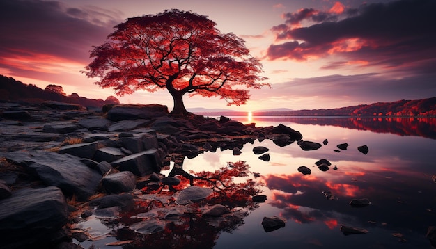 Spokojna scena zachodu słońca odbija się na sylwetce drzewa wodnego wdzięku krajobrazie generowanym przez sztuczną inteligencję