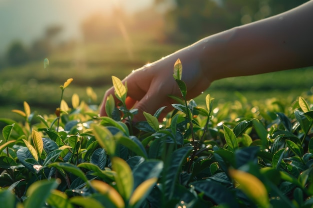 Spokojna scena zbierania herbaty Pracownicy zbierają liście na słonecznej plantacji