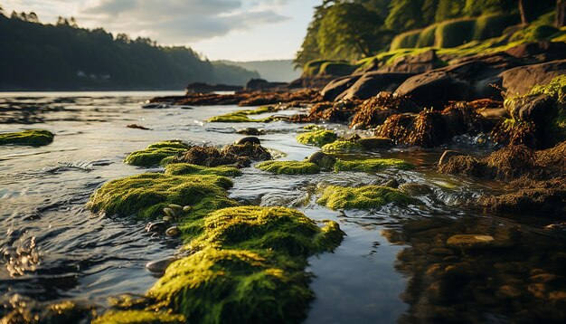 Zdjęcie spokojna scena zielony las płynąca woda spokojna refleksja generowana przez ai