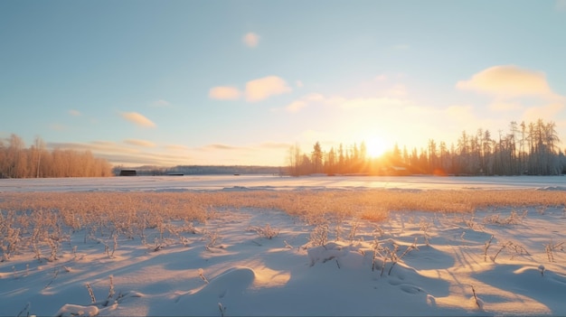 Spokojna scena zimowa: zachód słońca nad trawiastym, śnieżnym polem na wsi w Finlandii