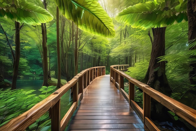 Spokojna ścieżka leśna Spokojna piękność wzdłuż drewnianego mostu