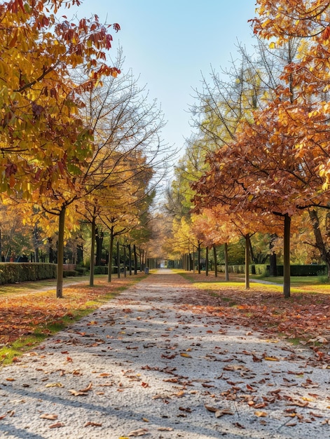 Zdjęcie spokojna ścieżka w parku jest otoczona drzewami z jesiennymi liśćmi, których liście tworzą kolorowy dywan wzdłuż spokojnego chodnika.