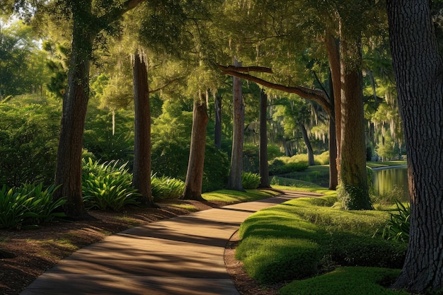 Spokojna ścieżka w spokojnym parku otoczonym wysokimi drzewami i bujną zieloną trawą Wielki cyprysowy chodnik w tętniącym życiem parku latem AI Wygenerowano