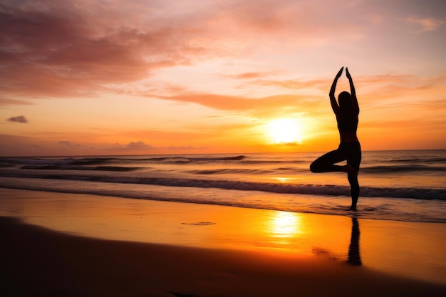 Spokojna sesja jogi na spokojnej plaży przy zachodzie słońca Generatywna sztuczna inteligencja