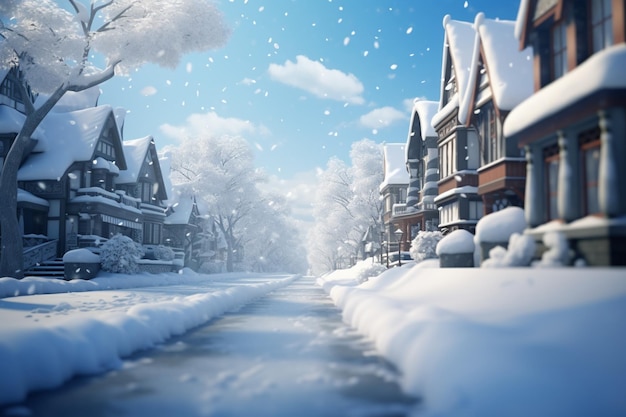 Spokojna śnieżna scena, cicha ulica pokryta miękkimi spadającymi płatkami.