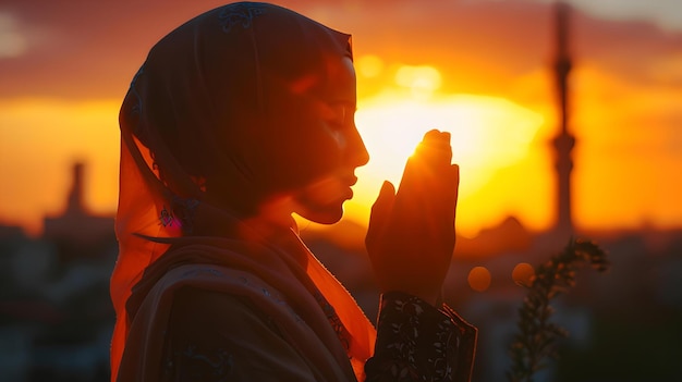 Spokojna sylwetka kobiety modlącej się przy zachodzie słońca duchowość i pokój w spokojnym otoczeniu inspirujący moment uchwycony przez sztuczną inteligencję