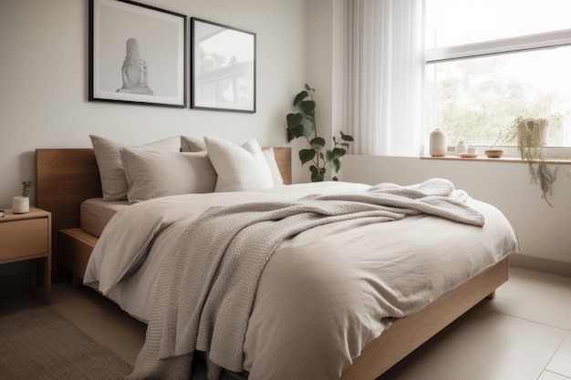 Spokojna sypialnia z minimalistycznym wystrojem i schludną pościelą stworzona za pomocą generative ai