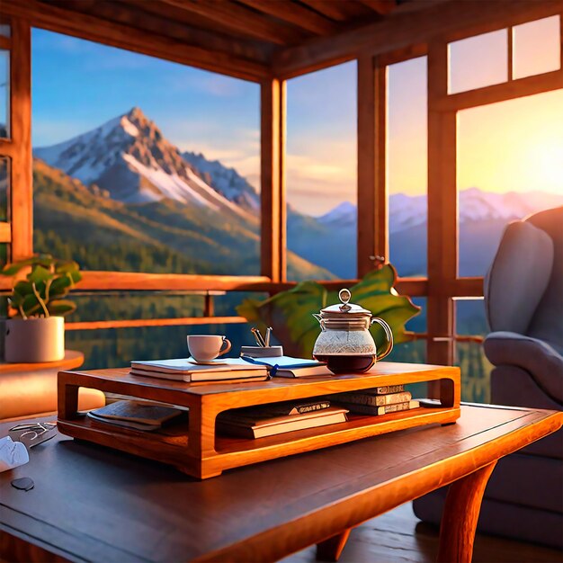 Zdjęcie spokojna wieczorna scena przytulnego stołu kawowego ustawiona na zachwycającym górskim tle